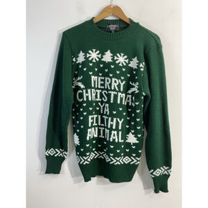 mens boohoo man Christmas Theme Pullover Sweater Small Green White Crew Neck